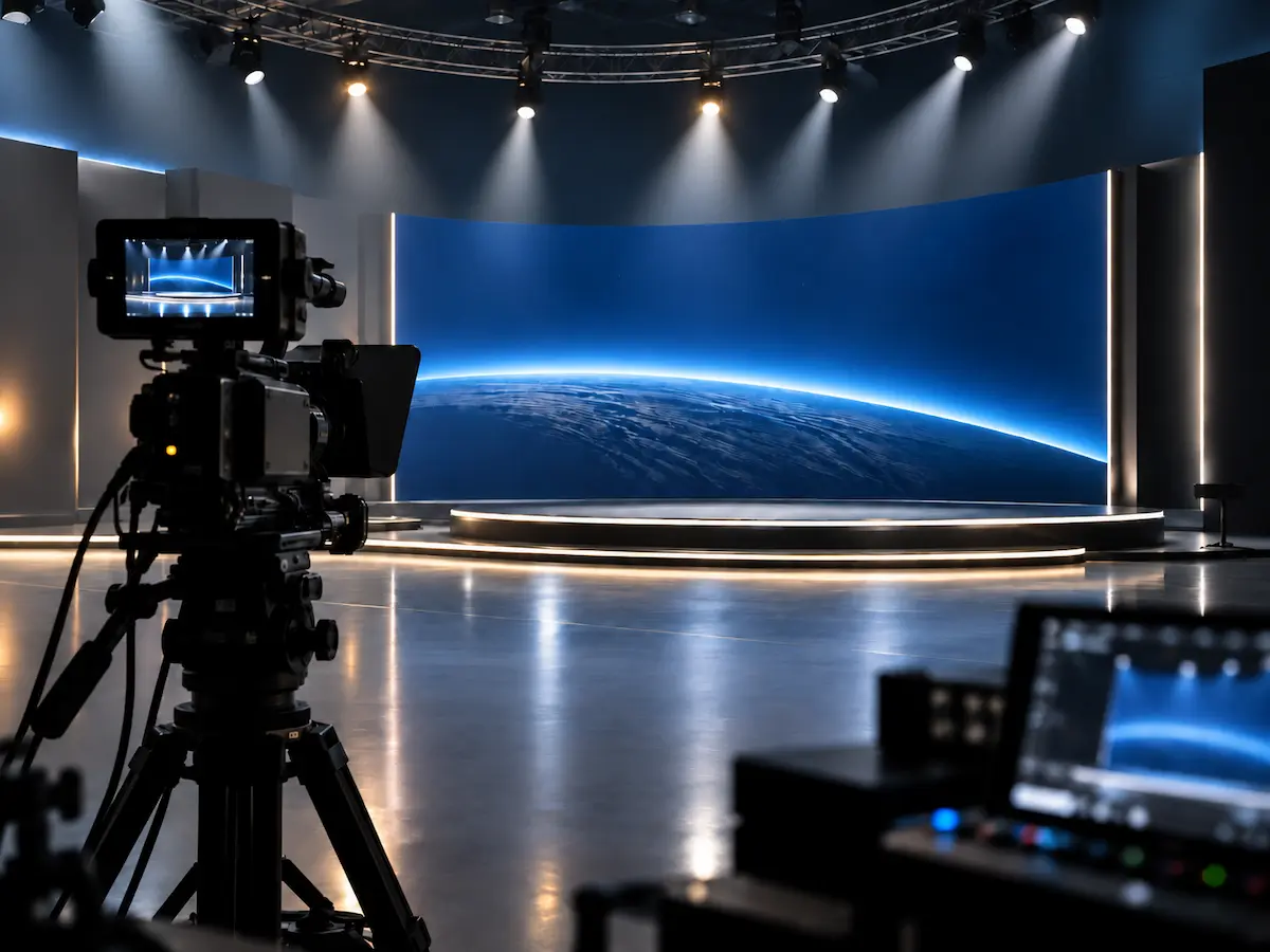 Broadcast camera prepared in a blue-lit studio