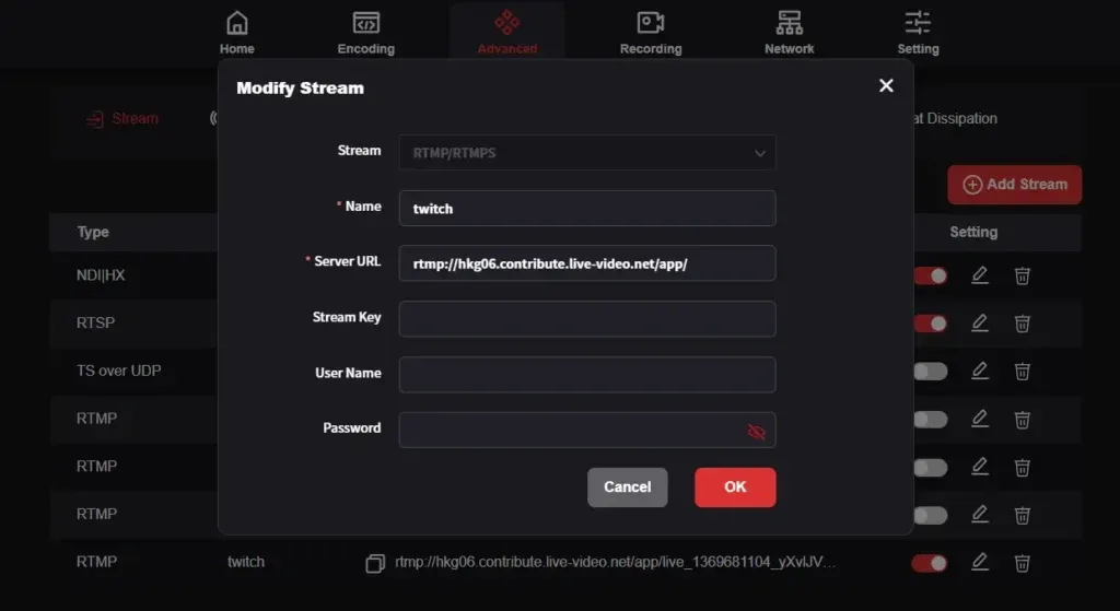RTMP configuration