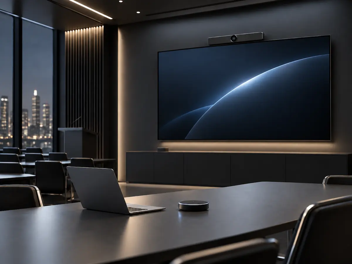 Modern enterprise presentation room with a large display
