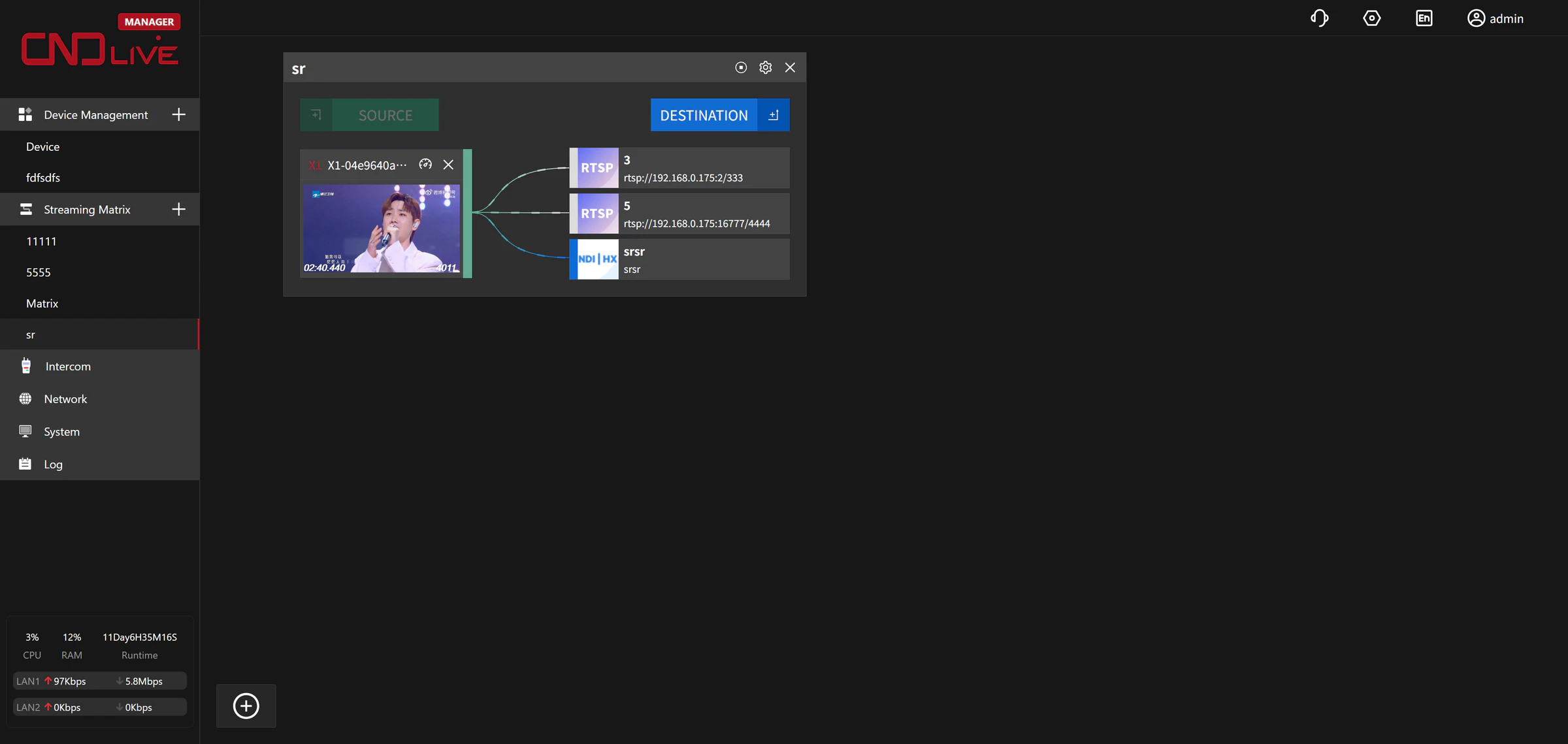 CNDLive Manager Streaming Matrix interface