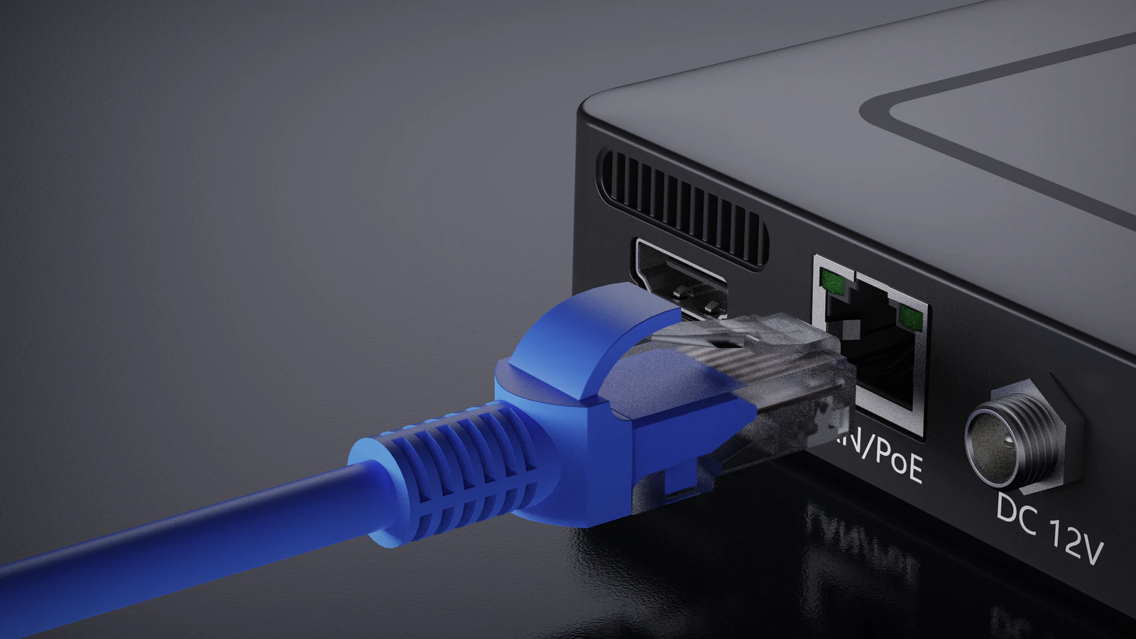 Ethernet cable connected to the NDI Go PoE network port