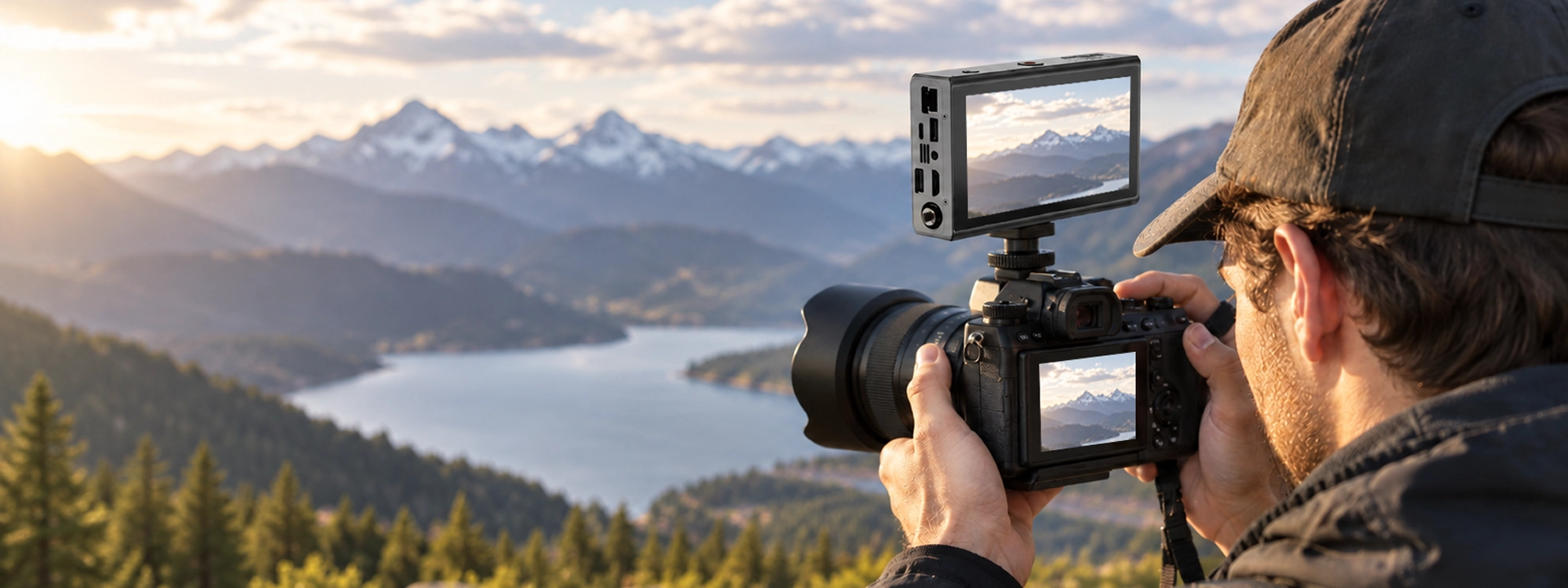Camera operator filming outdoors with an X1 encoder mounted on a field backpack